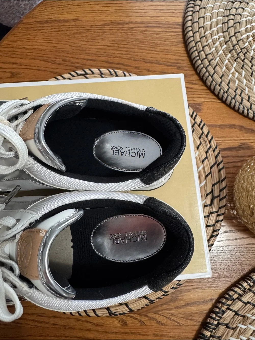 Michael Kors Maggie White, Navy and Silver Logo Trainer Sneaker